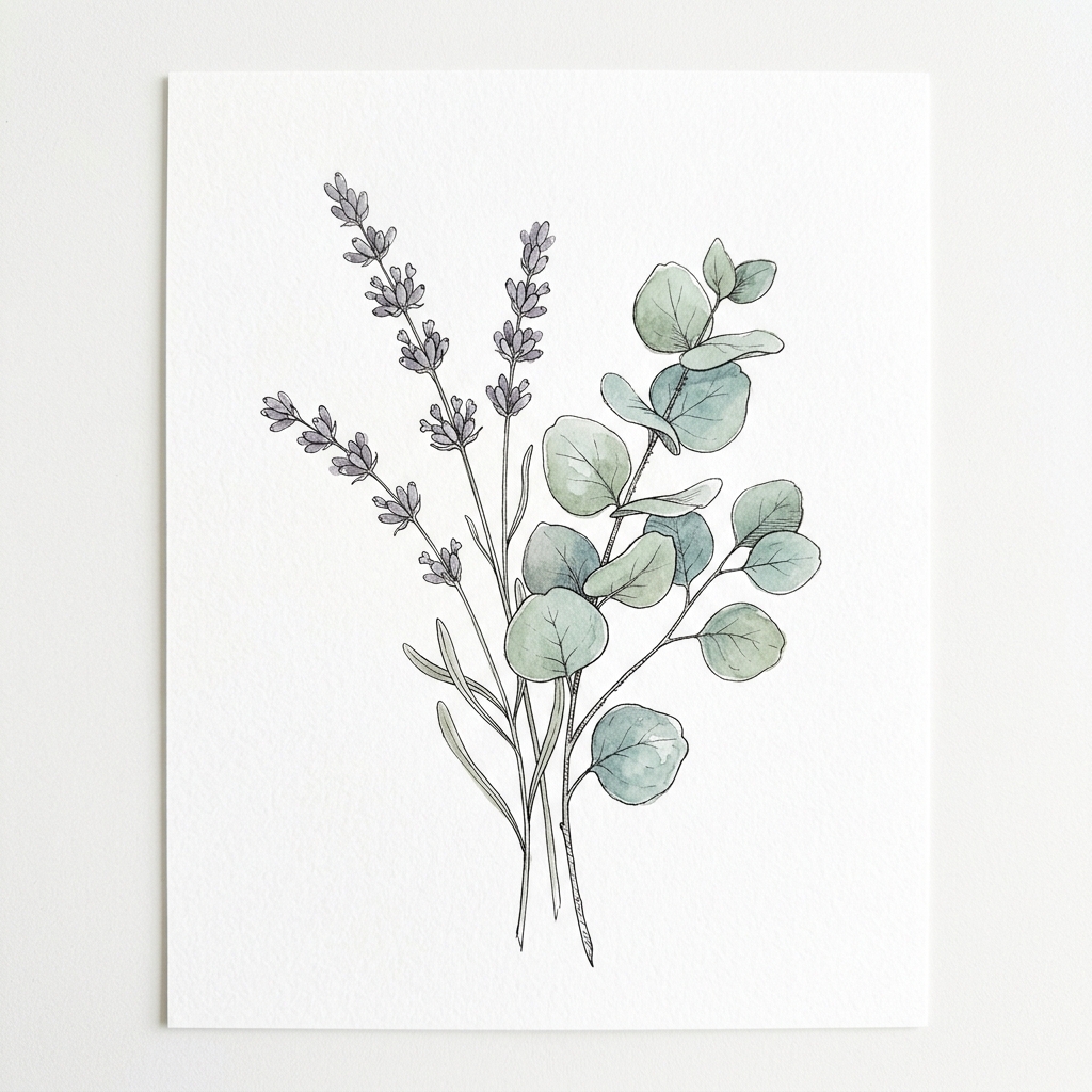 Illustration botanique lavande et eucalyptus