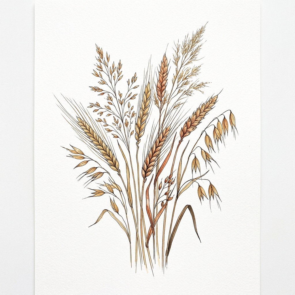 Illustration botanique blé doré et graminées
