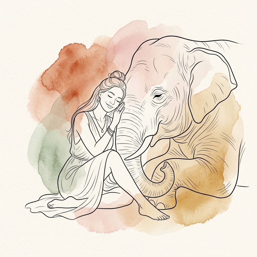 Dessin poétique et doux d'une femme sereine aux côtés d'un éléphant avec lavis d'aquarelle chaleureux